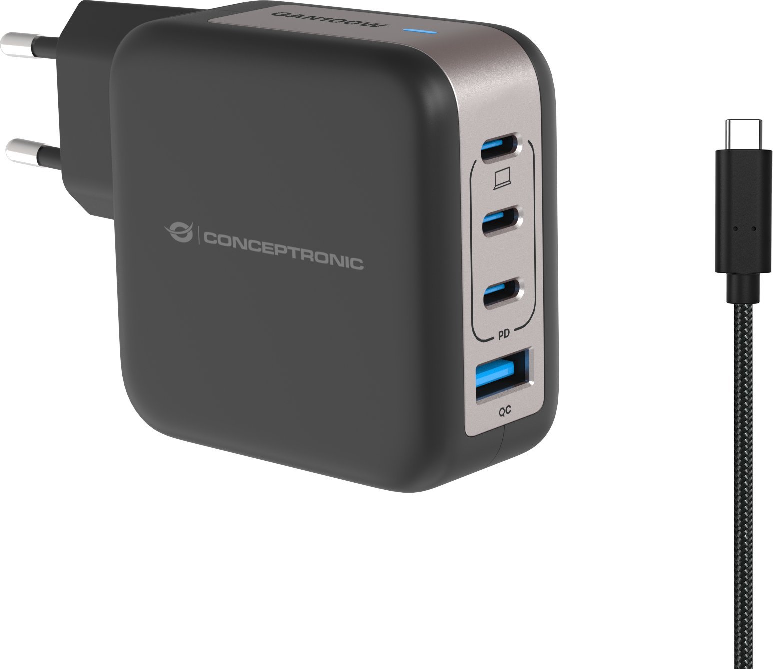 Karikues Conceptronic 4-Port GaN, 100W, USB PD QC 3.0, me kabllo USB-C
