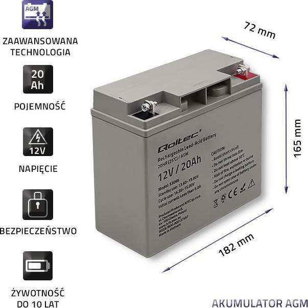 Bateri AGM Qoltec HQ 53066, 12V, 20Ah, e zezë