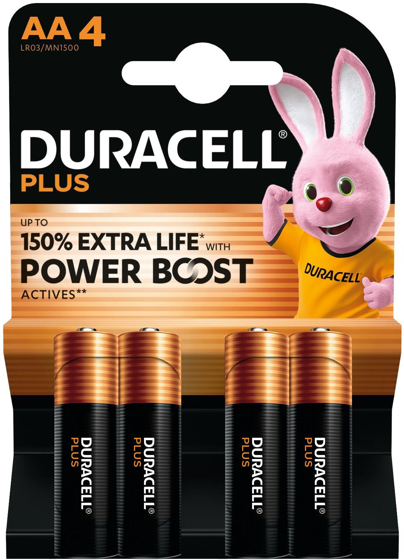 Bateri alkaline Duracell Plus AA Boost, paketim 4 copë, performancë e lartë, portokalli