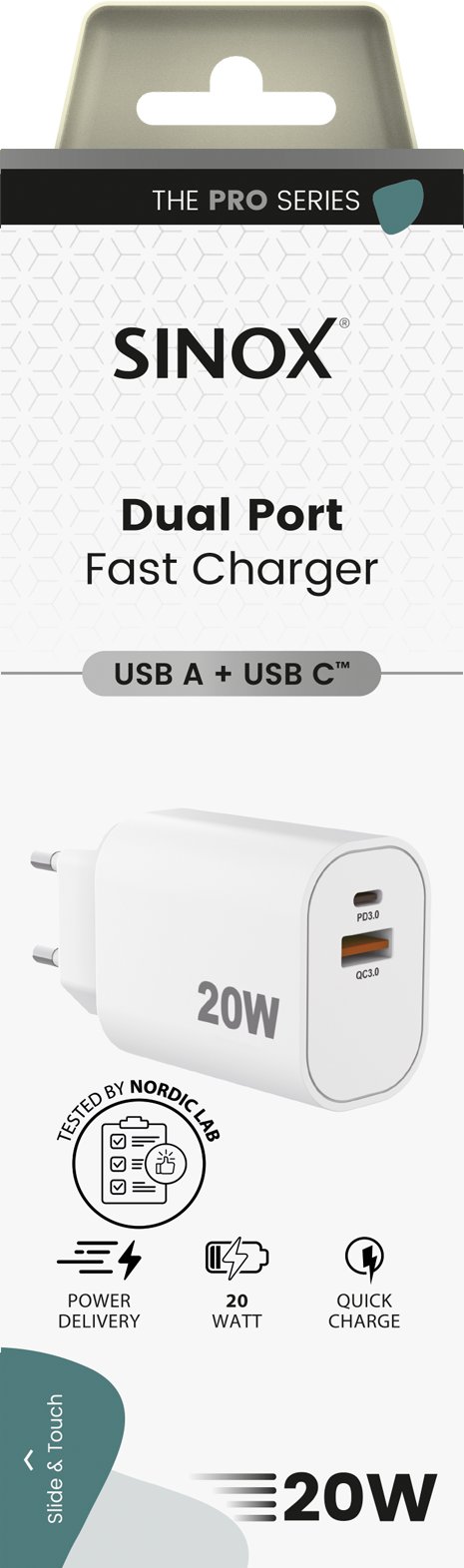 Karikues muri Sinox PRO, USB A dhe USB C, 20W, i bardhë