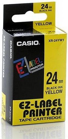 Kasetë etiketuese Casio XR 24YW1, 24mm x 8m, tekst i zi në sfond të verdhë