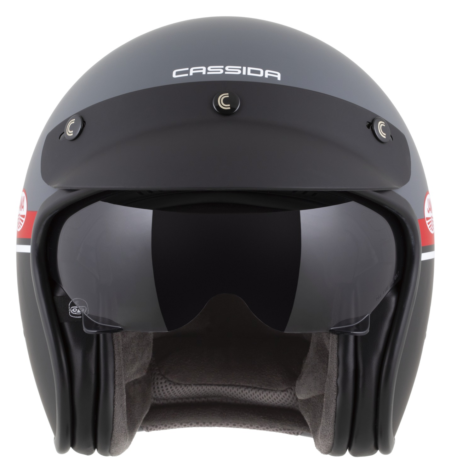 Мото кацига CASSIDA Oxygen 2.0 Jawa OHC, отворена, со внатрешен сенилник, сива мат црвена црна бела