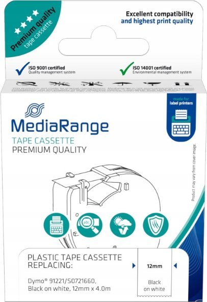 Kasetë etiketash MediaRange, 12mm x 4m, e laminuar, e bardhë me të zezë