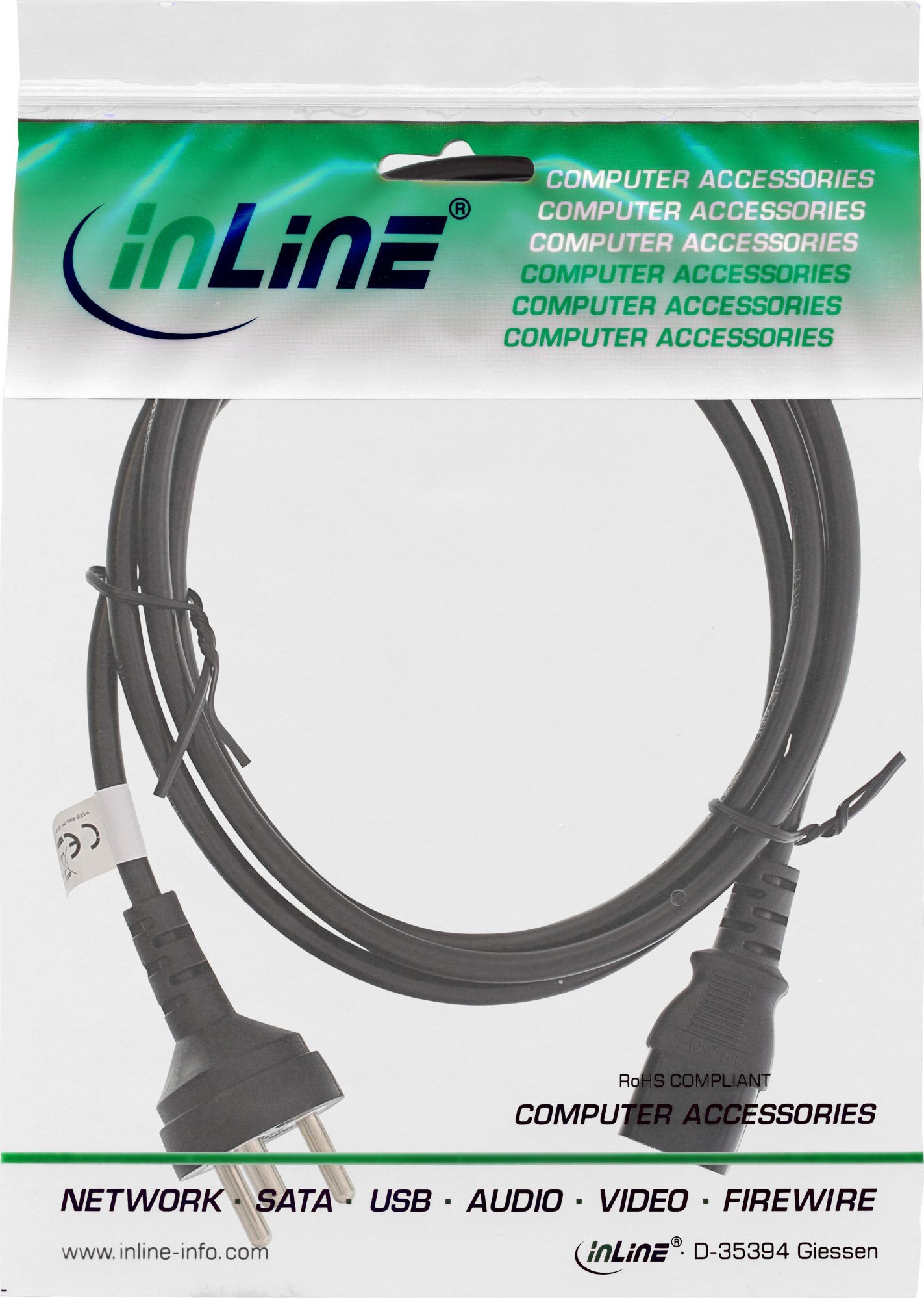 Кабел за струја InLine Denmark Type K C13, 3 пина, 3 m, црн