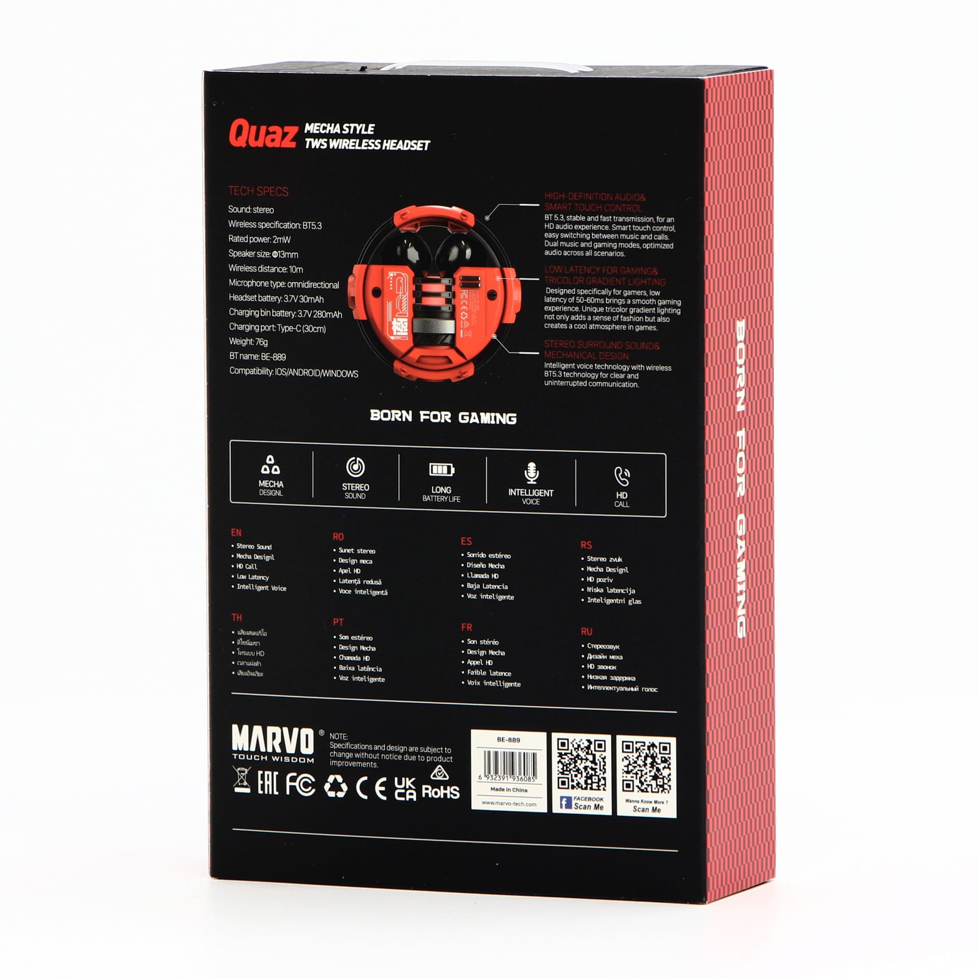 Kул слушалки TWS Marvo QUAZ, Bluetooth 5.3, метална кутија со USB C, црни