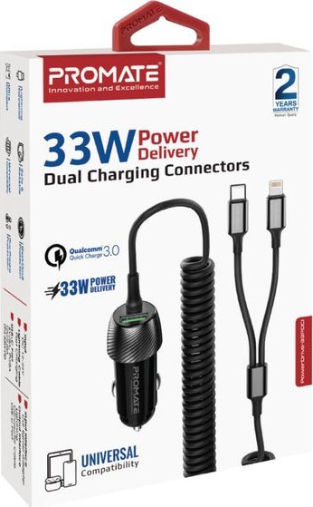 Karikues makinë ProMate PowerDrive 33PDCI, 33W, USB C PD dhe USB A, i zi