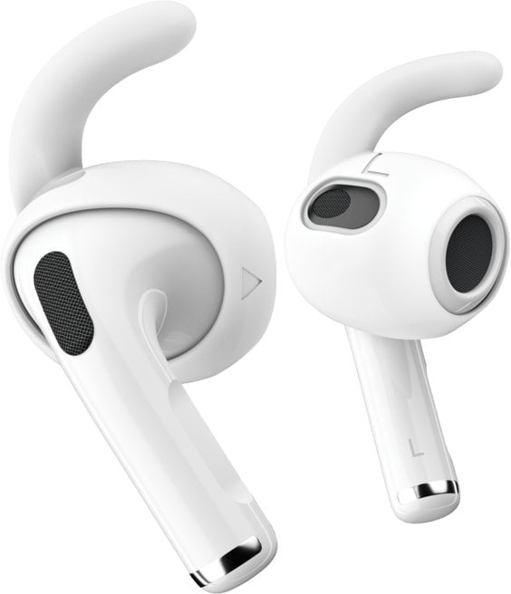 Mbajtëse silikoni për kufje KeyBudz EarBuddyz për AirPods 4th Gen, paketim me madhësi të ndryshme, të bardha