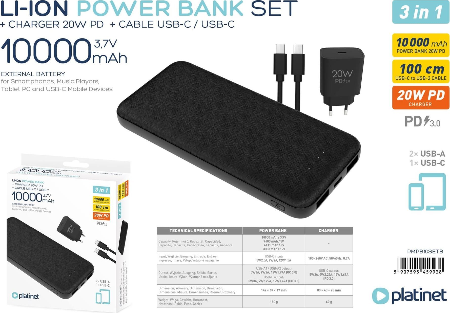 Set karikimi Platinet Power Bank 10000mAh, karikues 20W PD, kabllo 1m USB C, i zi