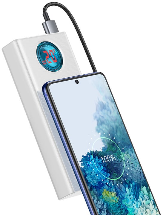 Power bank Baseus со дигитален дисплеј Ambilight Overseas Edition, 30000mAh, QC, црн + USB-C кабел 100W, 1m, бел