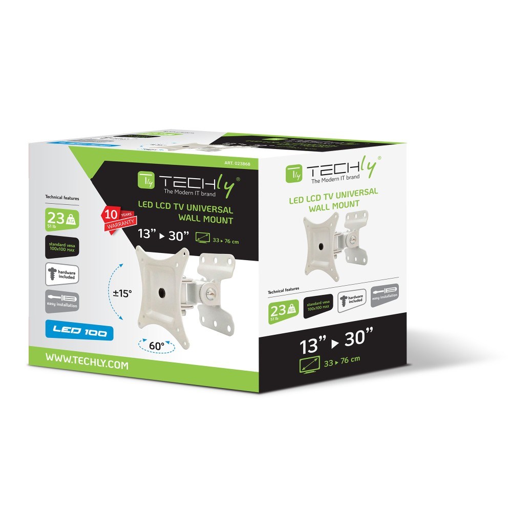 Mbajtëse muri për TV Techly, 13-30", 23kg, e bardhë