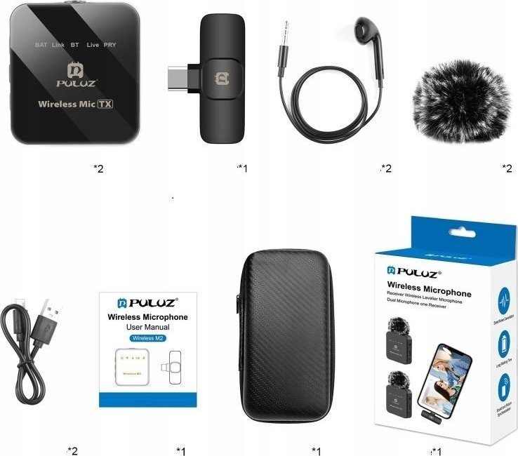 Безжичен микрофон Puluz Pu648B, 2x лавалиер, USB Type C, црн