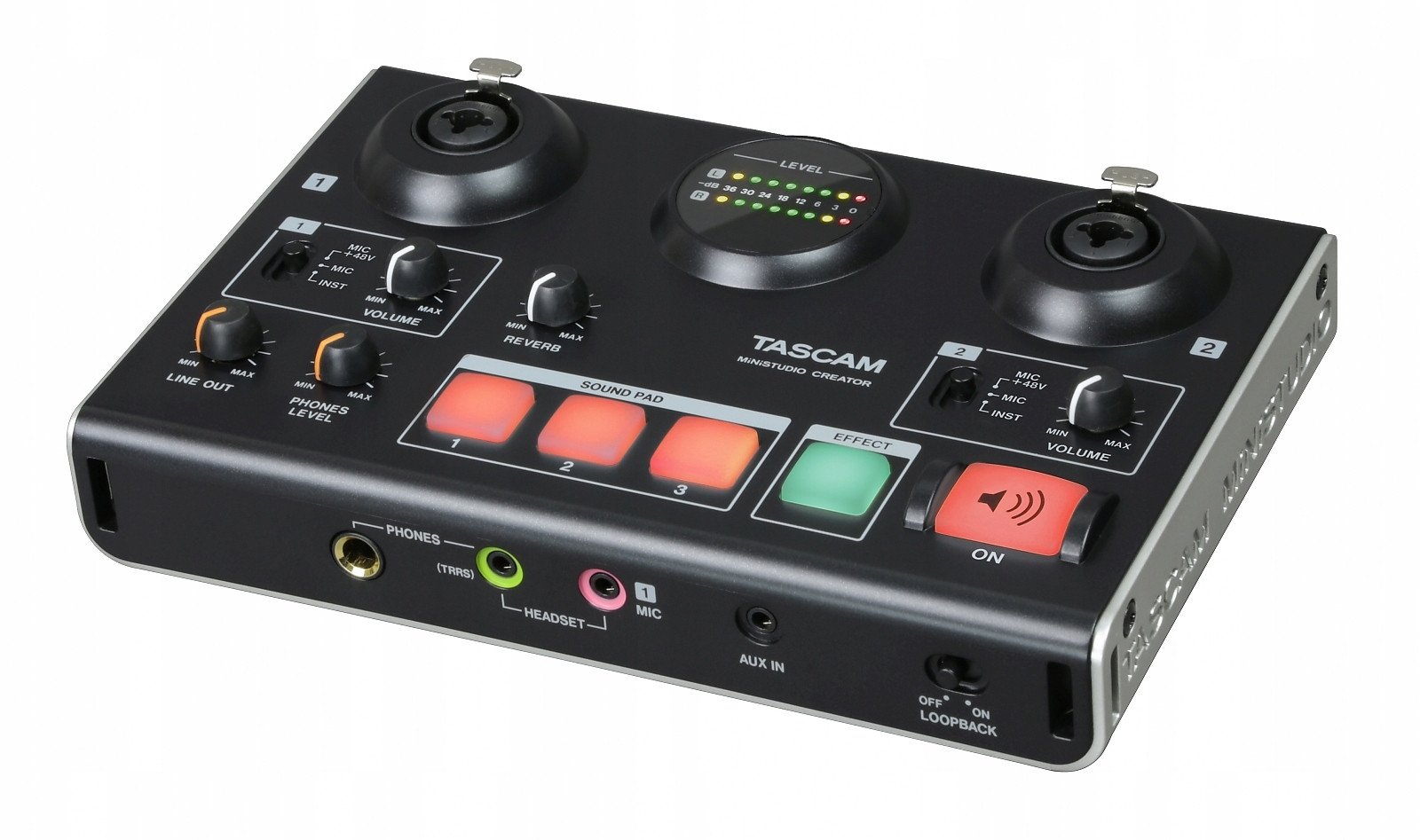 Interfejs audio Tascam US-42B MiniStudio Creator, 2 kanale, për streaming dhe podcast, i zi