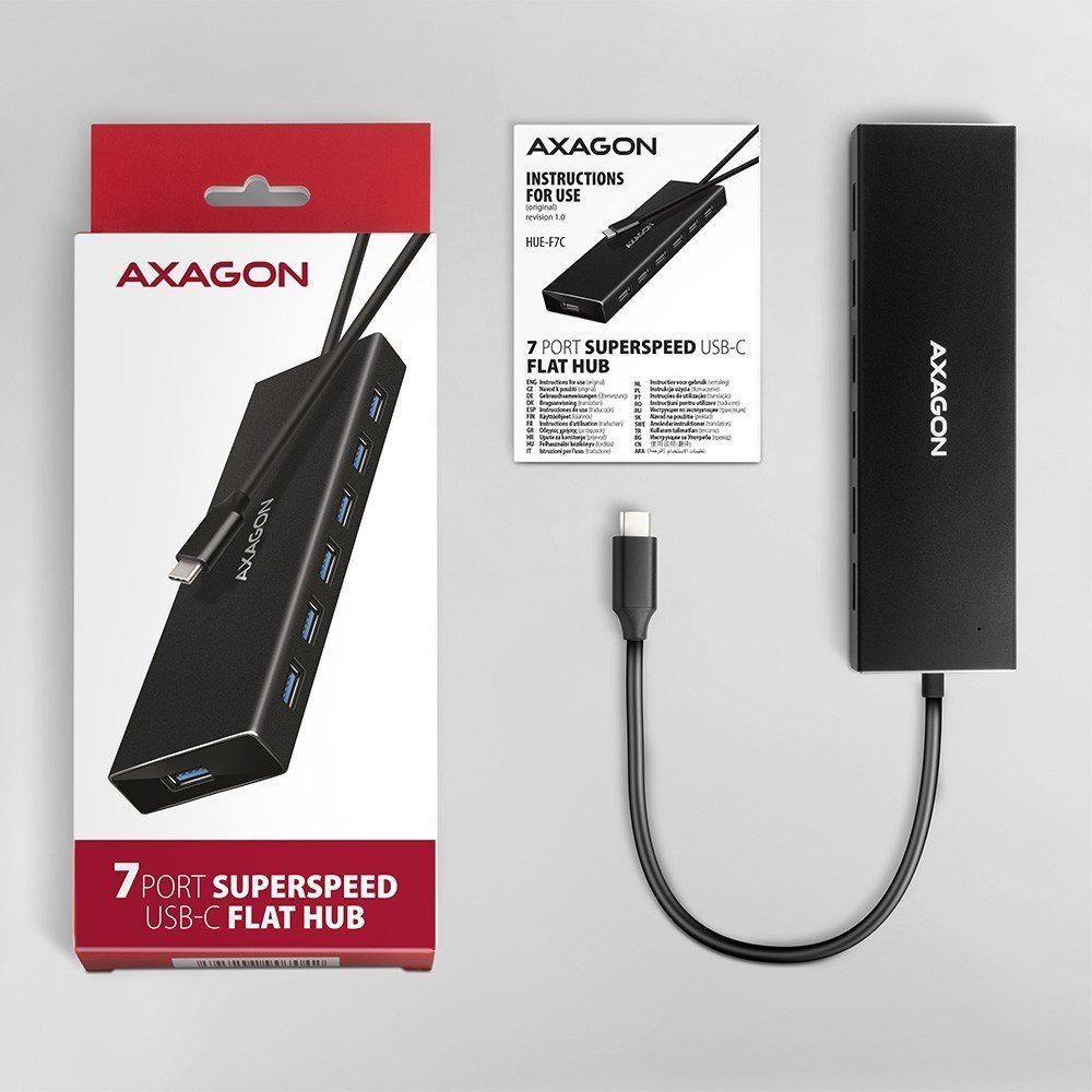 USB HUB Axagon HUE-F7A, 7x USB 3.2 Gen 1, kabllo USB-C 30 cm, alumini