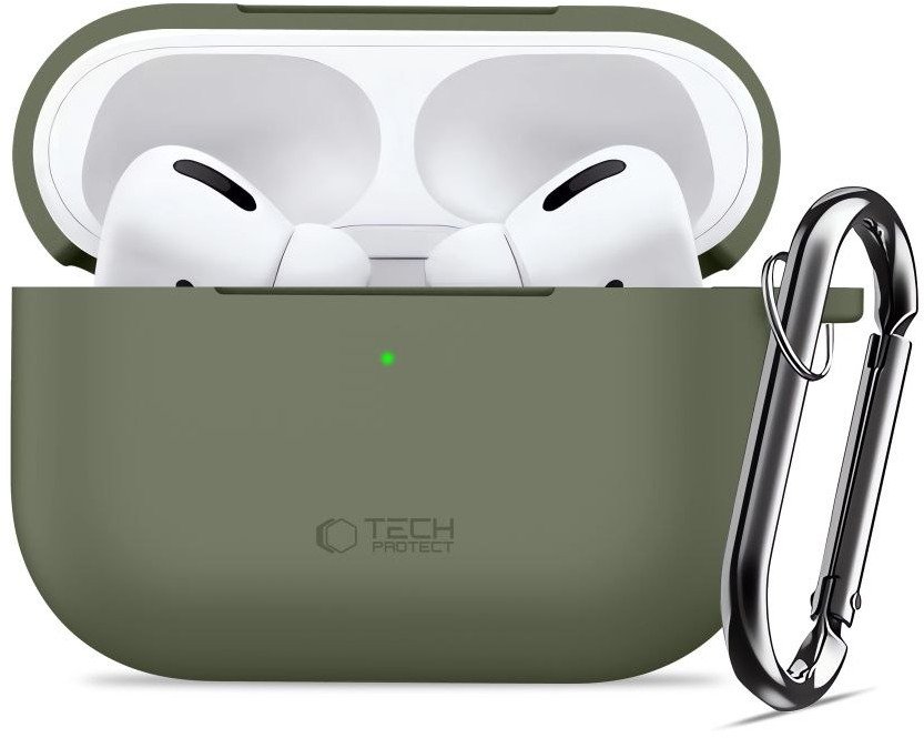 Këllëf silikoni Tech-Protect për Apple AirPods Pro 3, me karabinë, jeshile ulliri