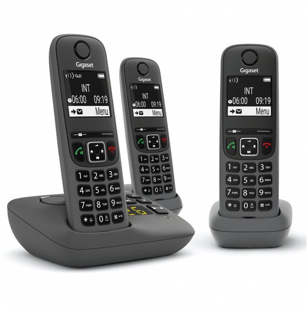 Безжичен телефон Gigaset AE690A Trio, телефонска секретарка, 3 слушалки, црн