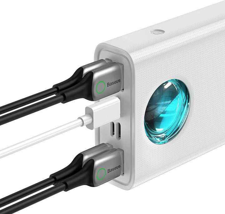 Power bank Baseus со дигитален дисплеј Ambilight Overseas Edition, 30000mAh, QC, црн + USB-C кабел 100W, 1m, бел