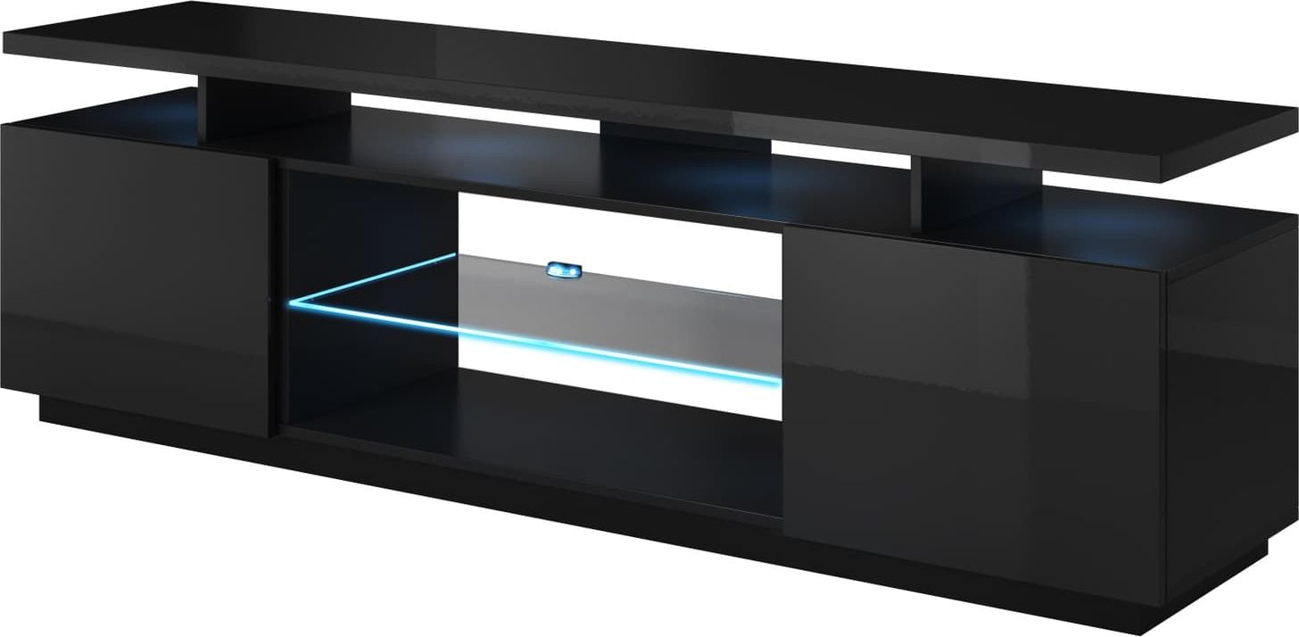 Kabinet TV Coma Meble Eva, 180x40x56 cm, PAL MDF, e zezë me shkëlqim