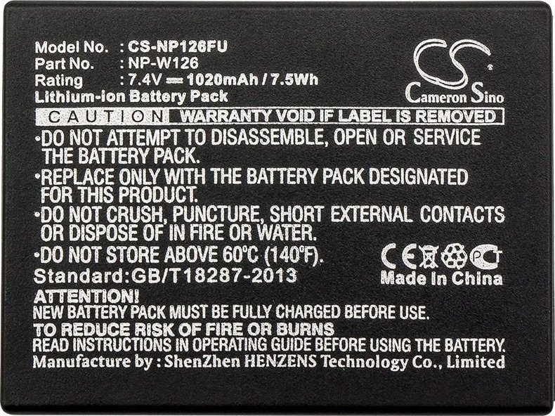 Bateri kamerë Cameron Sino NP-W126 NP-W126S, 1020mAh, Li ion, e zezë