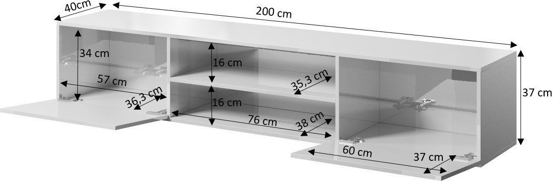 Komodinë TV Cama Meble, 200 cm, MDF me shkëlqim, e bardhë