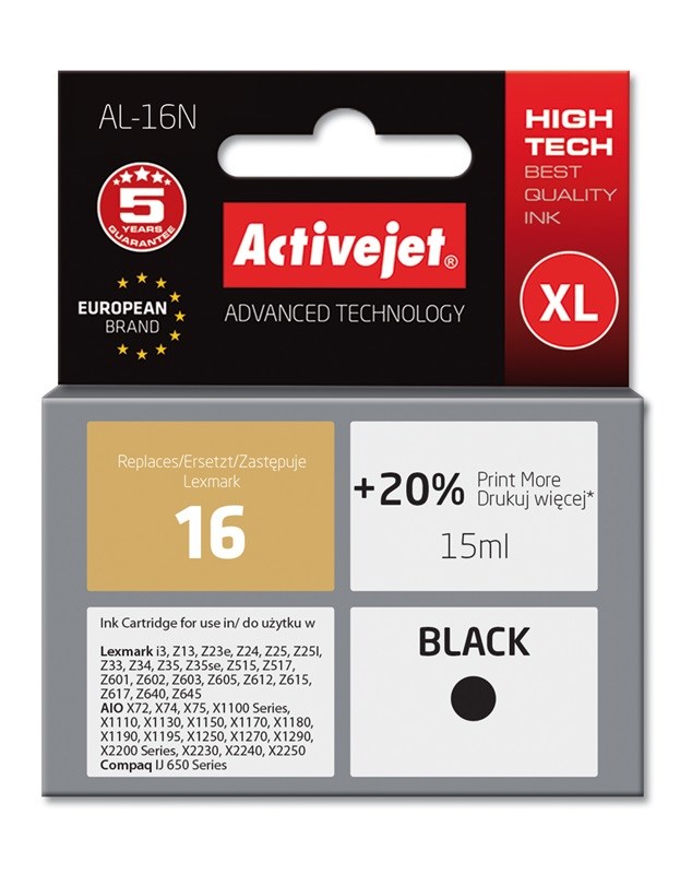Ngjyrë për printer Activejet AL-16N (zëvendësim për Lexmark 16 10N0016), 15 ml, e zezë