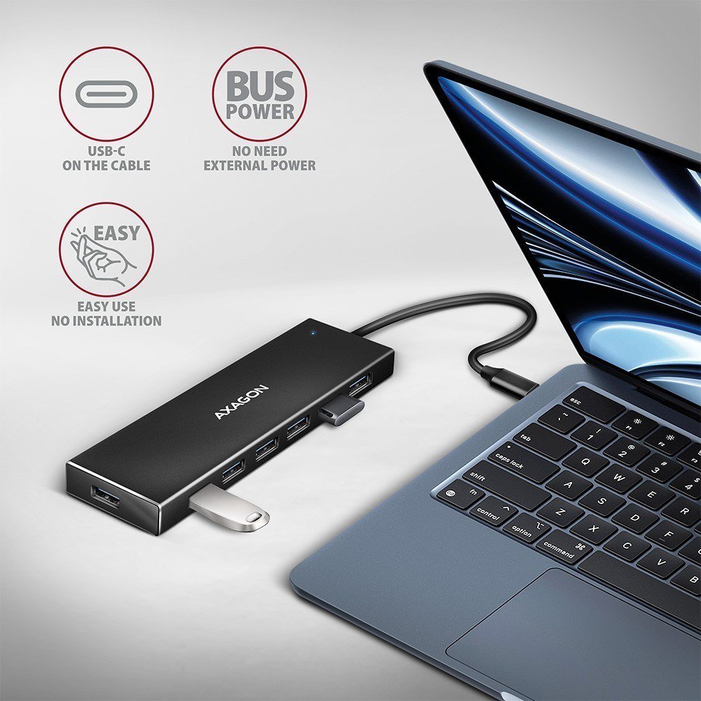 USB HUB Axagon HUE-F7A, 7x USB 3.2 Gen 1, kabllo USB-C 30 cm, alumini