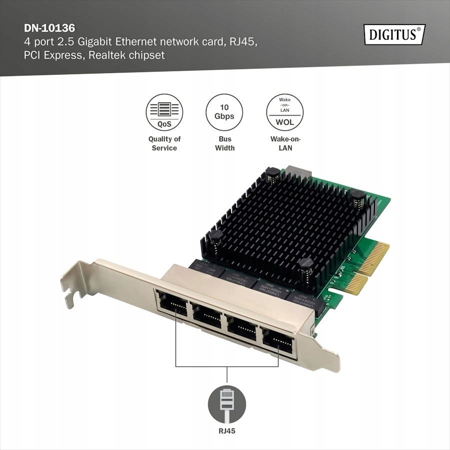 Kartë rrjeti Digitus DN-10136, 4 porta 2.5Gbps, PCI Express, RJ45
