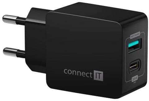 Полнач CONNECT IT, 1xUSB-A + 1xUSB-C, 3,4A, црно