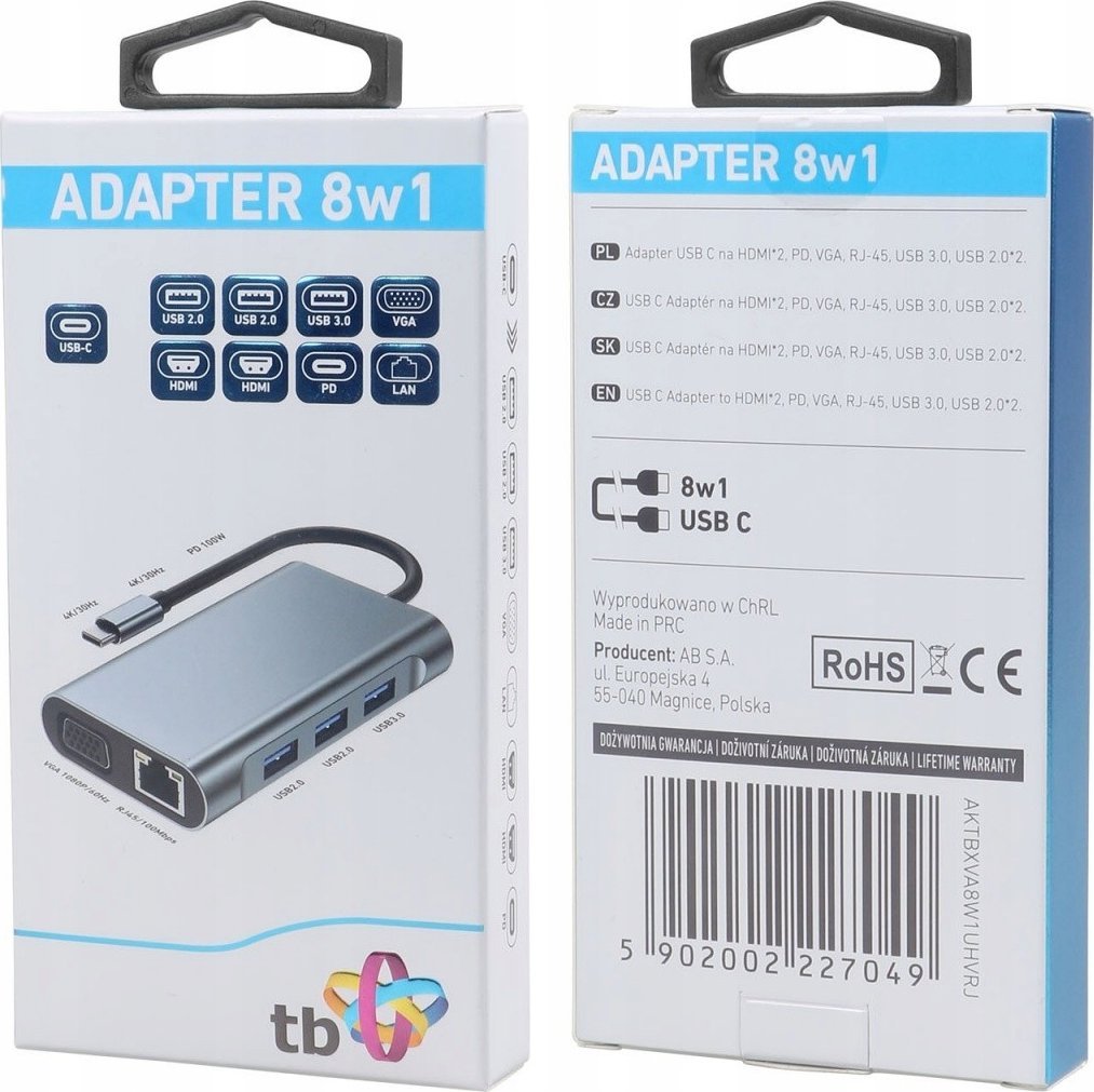 Adaptuer USB C TB Touch AKTBXVA8W1UHVRJ, 8 në 1, HDMI VGA RJ45 USB, gri