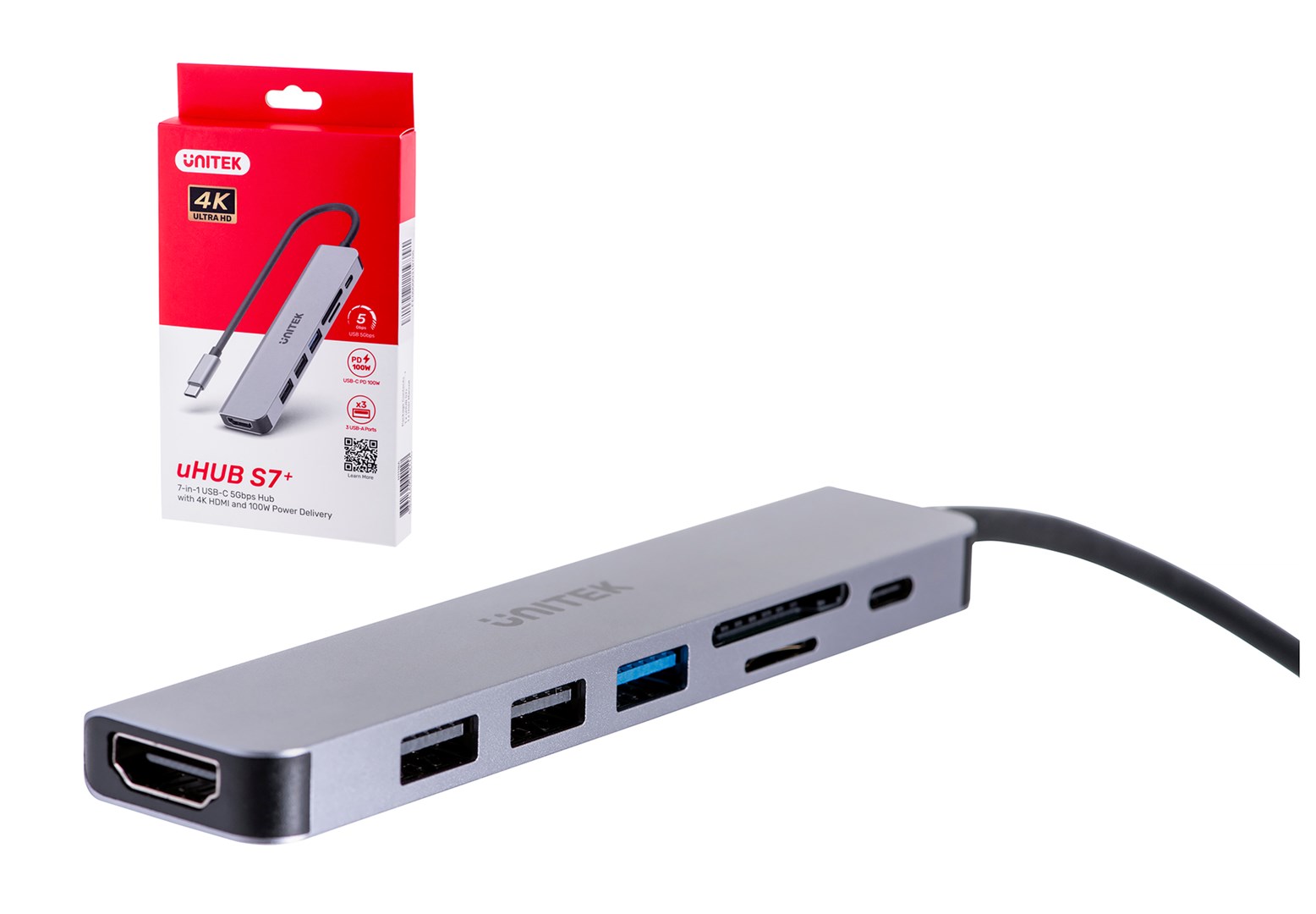 Qendër USB-C Unitek H1118A, USB-A x3, USB-C, HDMI, SD, microSD, e hirtë