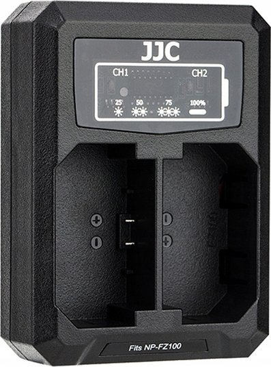 Karikues dyfishtë për bateri JJC, adaptor energjie për kamera, i zi