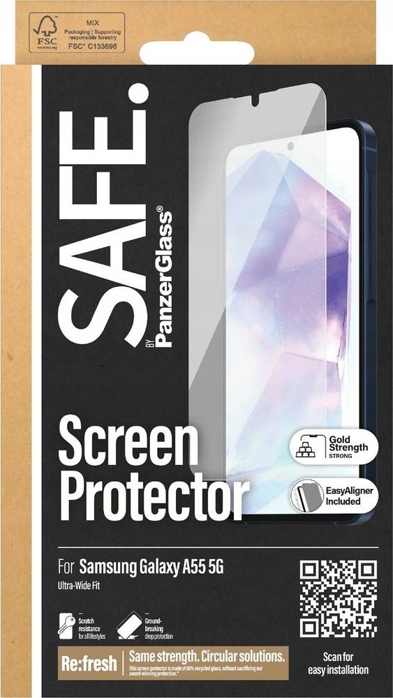 Mbrojtës ekrani PanzerGlass SAFE për Samsung Galaxy A55 5G, Ultra Wide Fit, transparent