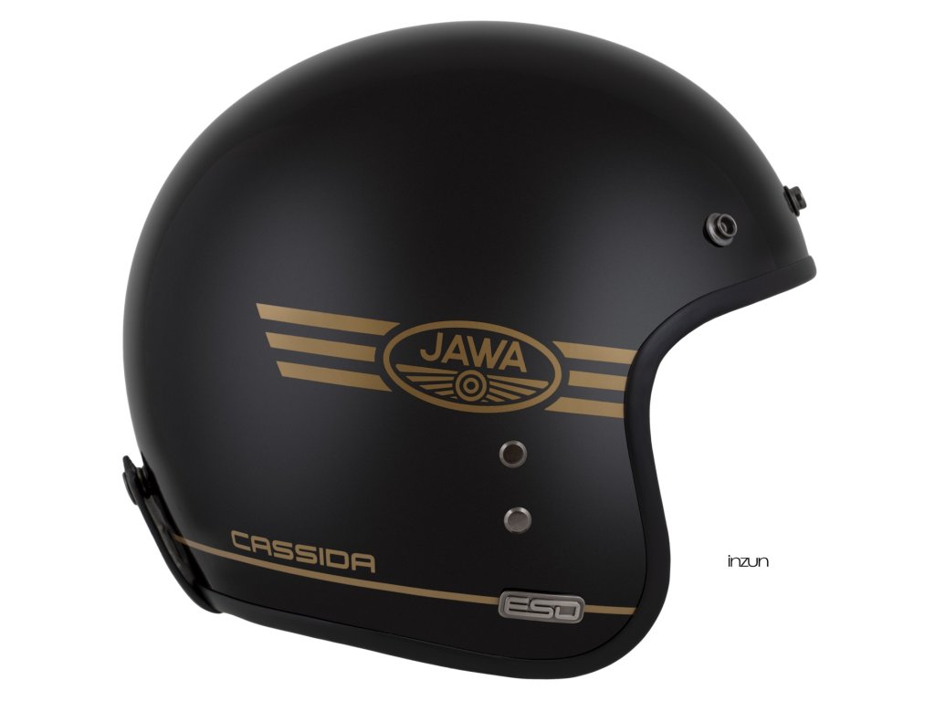 Helmetë moto CASSIDA ESO Jawa Pérák 2026, fibra xhami, black pearl gold