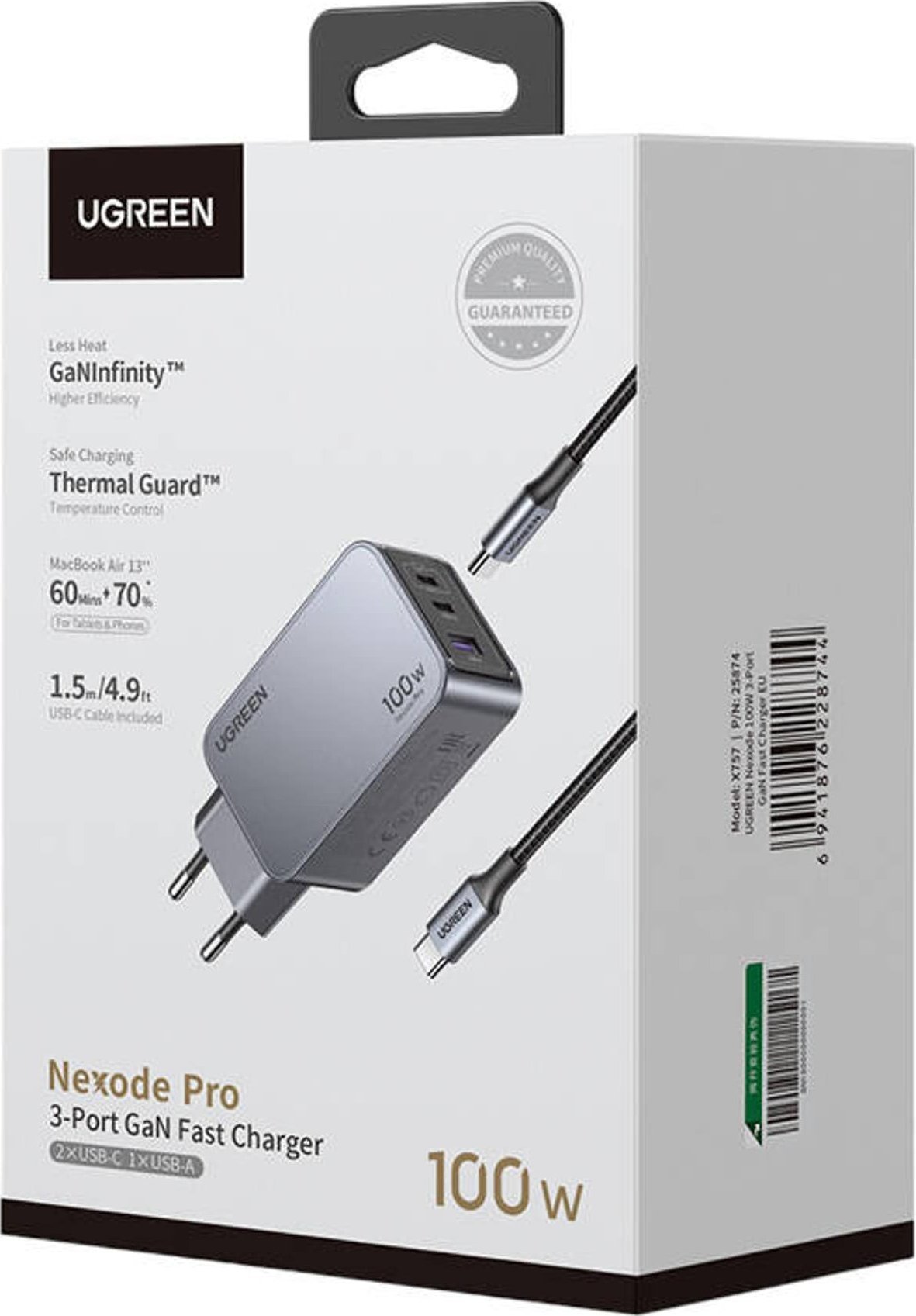 Karikues Ugreen Nexode Pro 100W GaN, 3 porta, karikim i shpejtë, gri