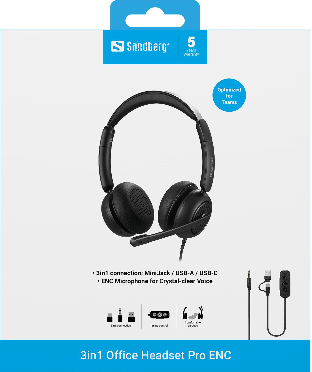 Kufje Sandberg 3in1 Office Headset Pro ENC, me mikrofon, lidhje 3.5mm USB A USB C, të zeza