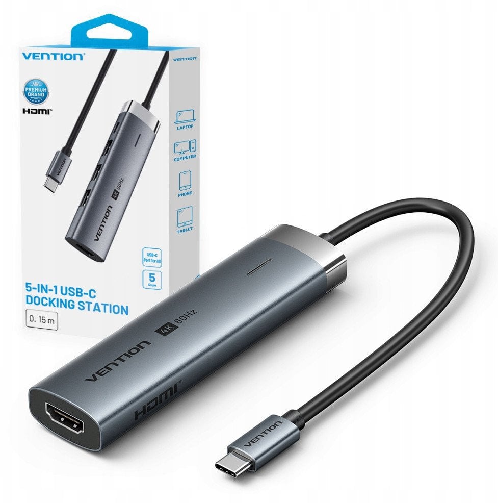 Dock USB C Vention 5 in 1, HDMI 4K, 3x USB 3.0, gri