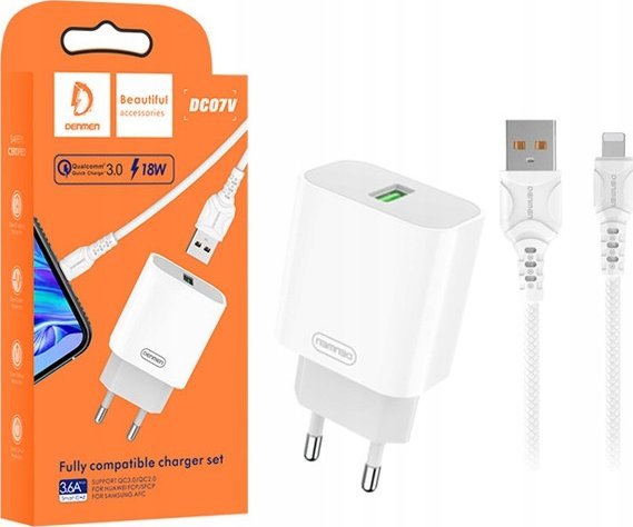 Karikues muri Denmen DC02T, 2 porta USB 2.4A, kabllo Type C, i bardhë