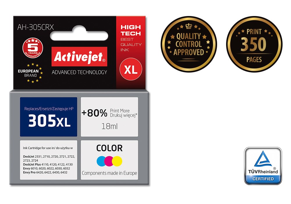 Ngjyrë për printer Activejet AH-305CRX (zëvendësim për HP 305XL 3YM63AE), 18 ml, e kaltër / vjollcë /  e verdhë
