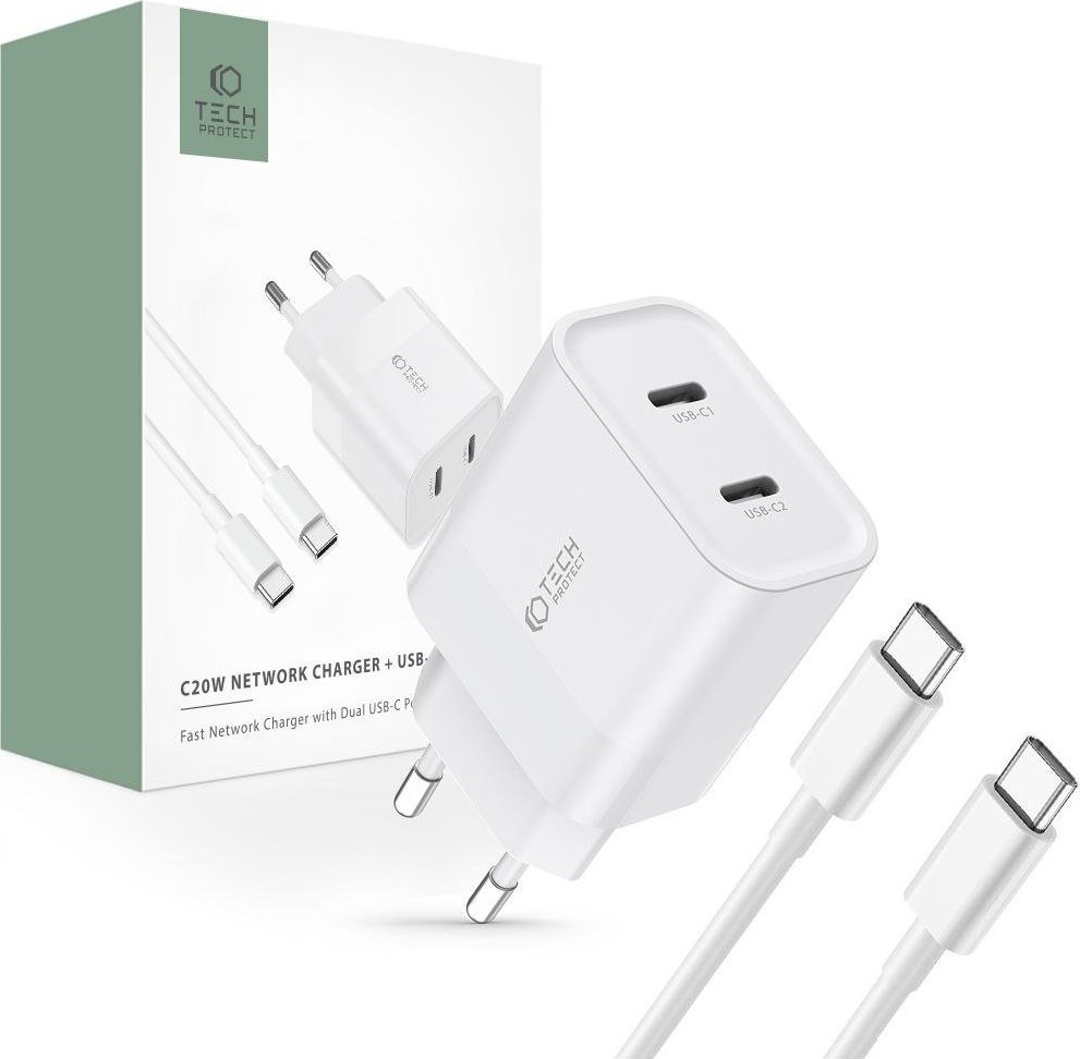 Karikues rrjeti Tech-Protect C20W, 20W PD, 2 porta USB-C me kabllo Type-C, i bardhë