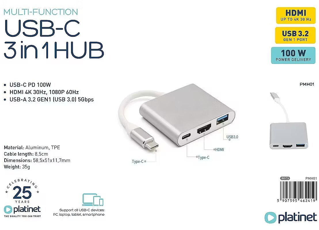 Adapter multimedia Platinet 3in1 46241, USB-C PD 100W, HDMI 4K, gri