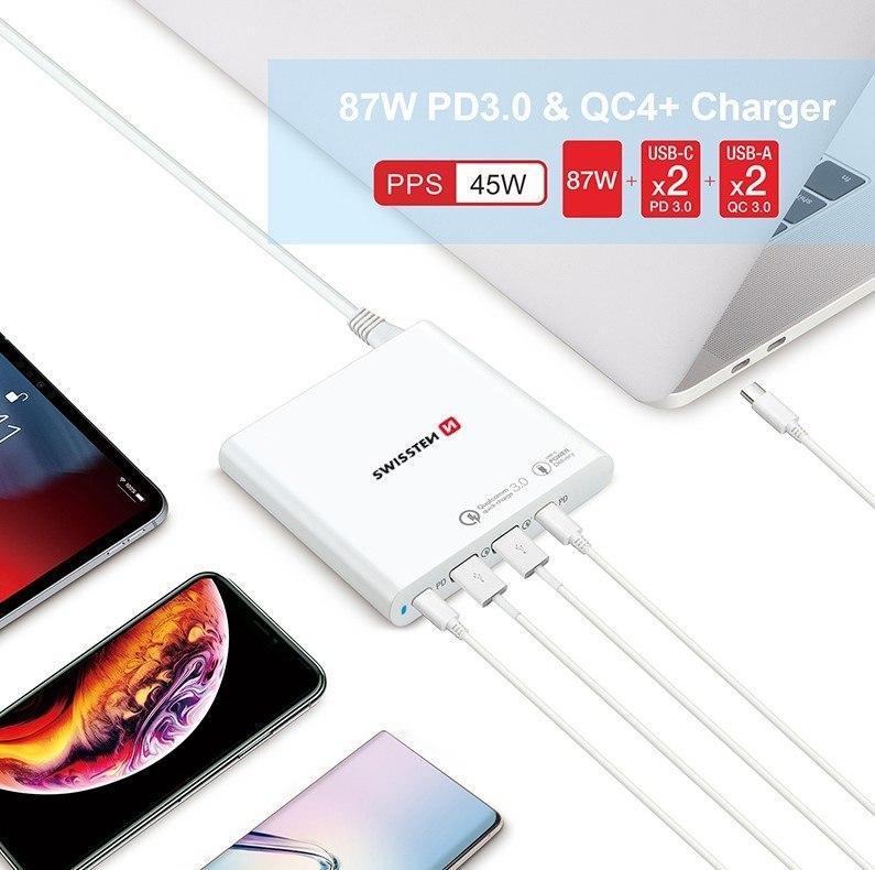 Karikues për notebook Swissten 87W, 2x USB, 2x USB C, i bardhë