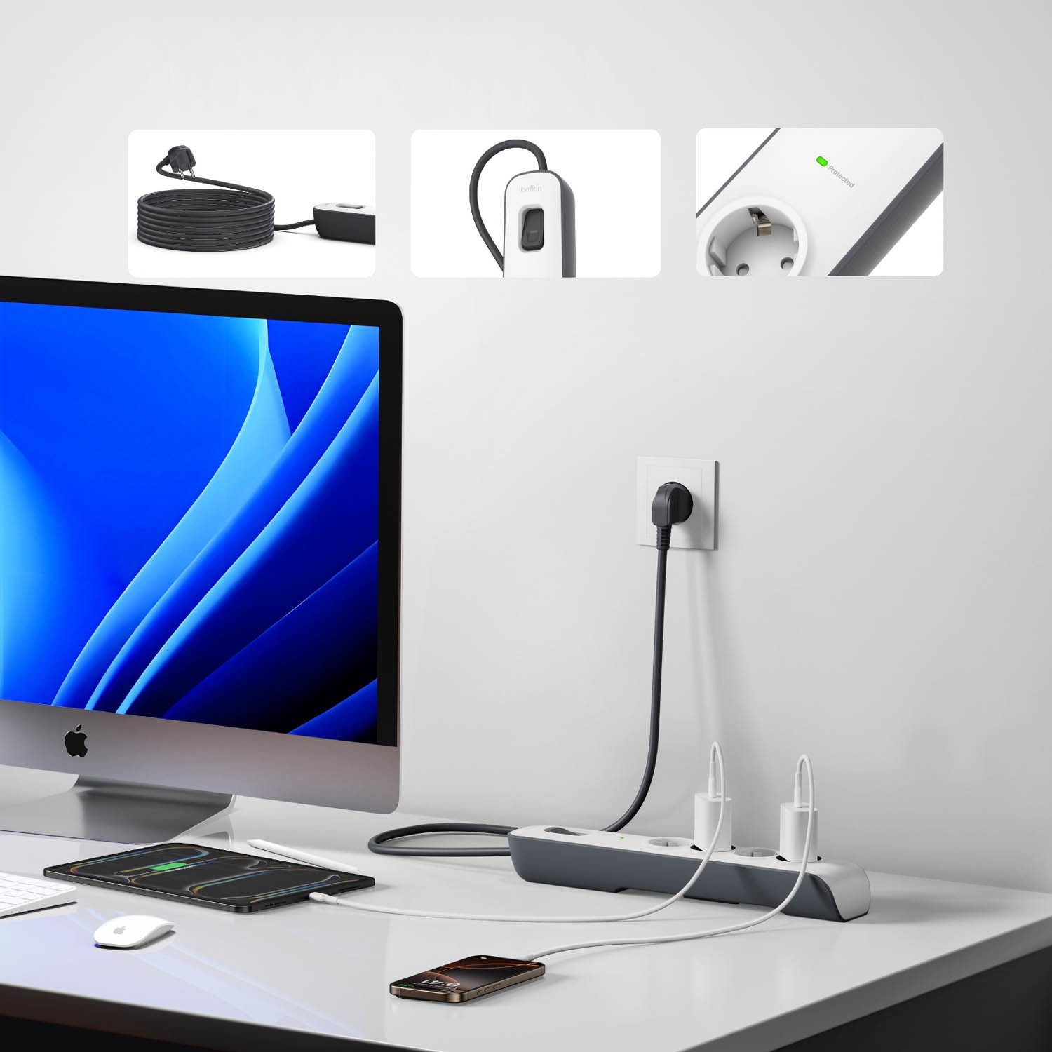 Лентa Belkin Power Strip со заштита од пренапон, 4 излези, кабел 2 m