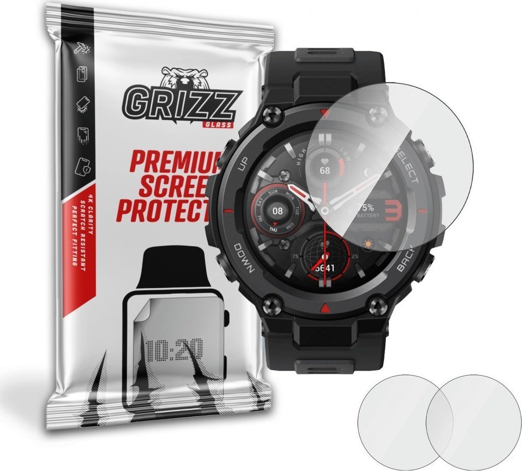 Xham mbrojtës hibrid GrizzGlass Amazfit T-Rex Pro, për smartwatch, paketim 2 copë, transparent