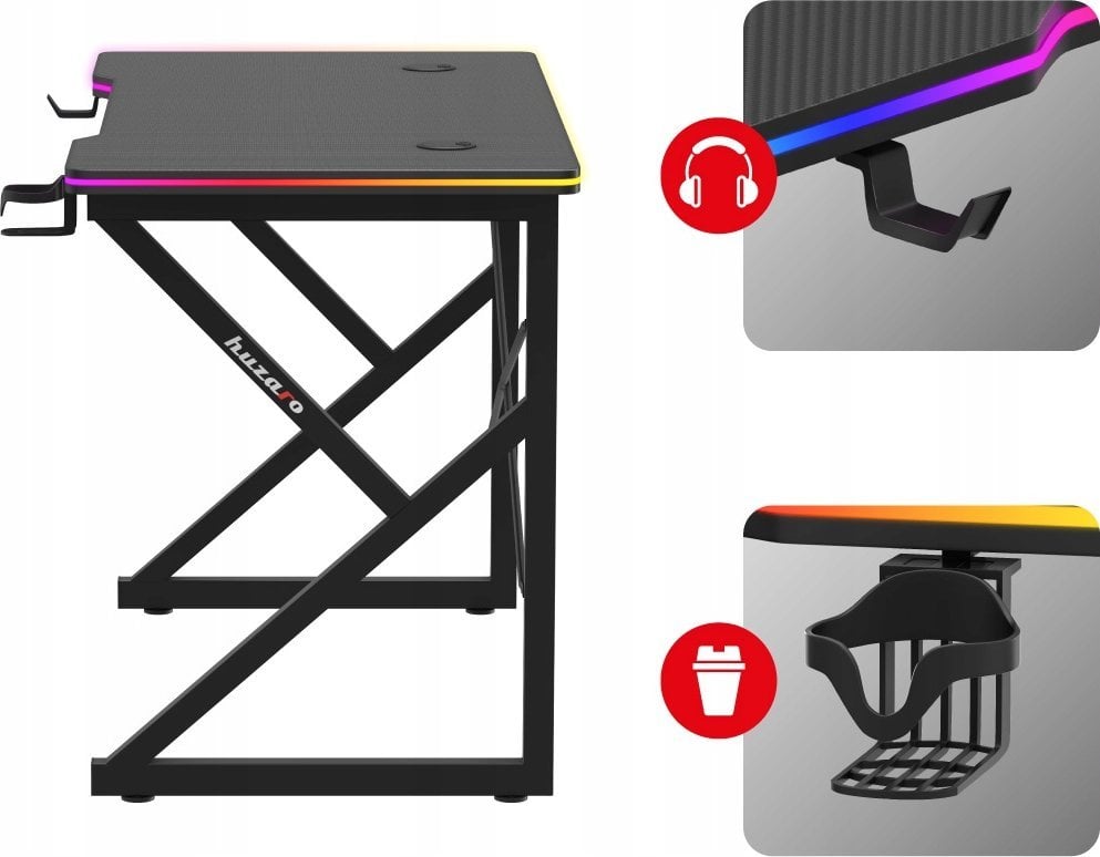 Tavolinë gaming Huzaro Hero 1.7 RGB, 140cm, me ndriçim RGB, e zezë