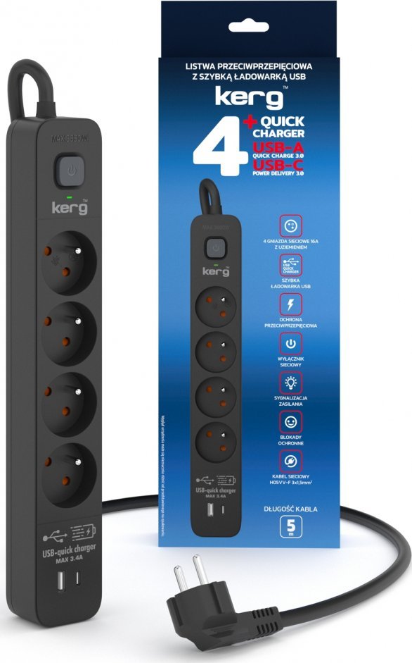 Shirit rryme Kerg, 4 priza, USB A C 18W, 5m, i zi