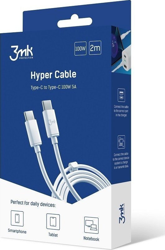 Kабел USB 3MK USB-C во USB-C, 2 m, бел