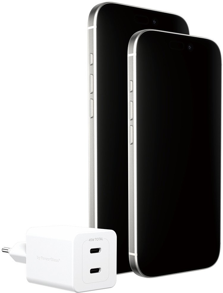 Ѕиден полнач PanzerGlass Turbo 45W, 2x USB C, PD 3.1, бел