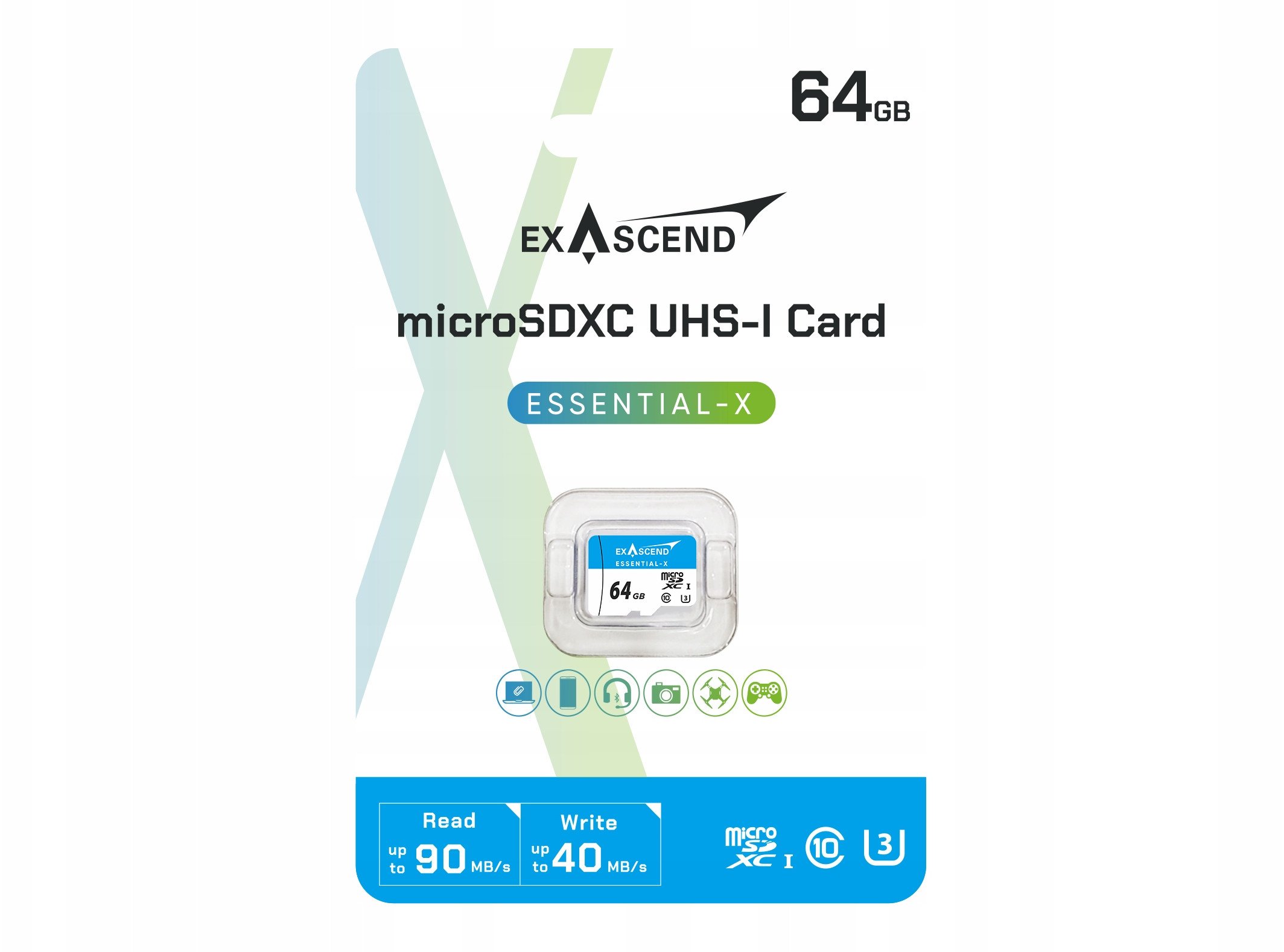 Kartë memorie Exascend Essential X microSD, 64GB, UHS I U3