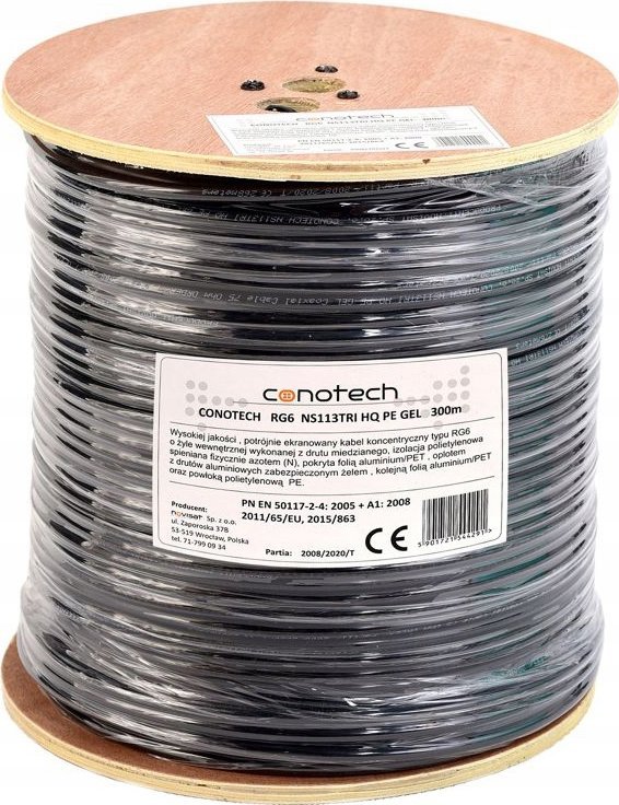 Коаксијален кабел RG6 113 Cu PE Gel, Trishield, 300m, црн