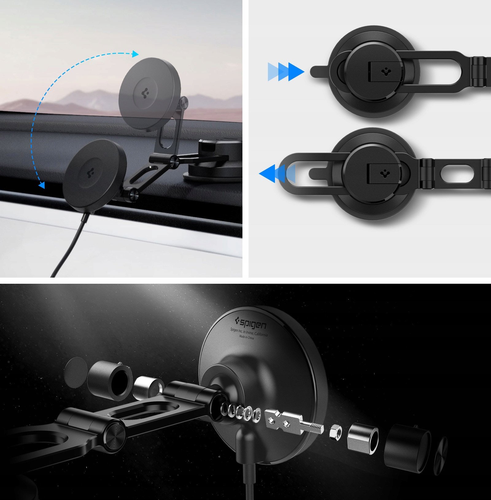 Mbajtëse makine me karikues wireless Spigen OneTap Pro 4 MagSafe, për pult dhe xham, e zezë