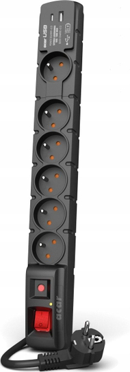 Shirit elektrik Acar S6 USB A C W2437, 6 prize, kabëll 3 m, i zi